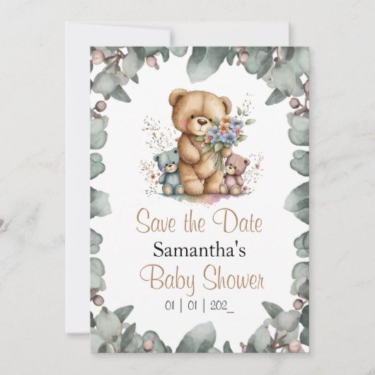 Invitation Nounours Twins Vert aquarelle la date (Devant)