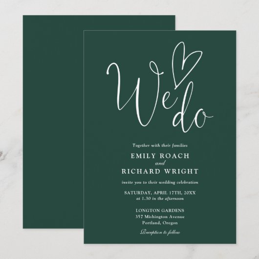 Invitation Nous aimons Coeur Script Emerald Green Mariage (Devant / Derrière)