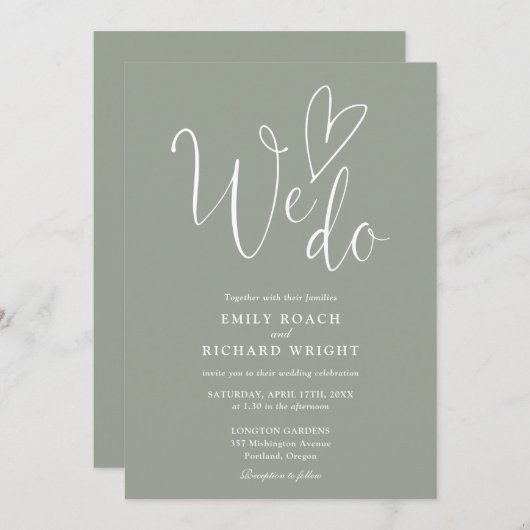 Invitation Nous aimons Coeur Script Sage Mariage Vert (Devant / Derrière)