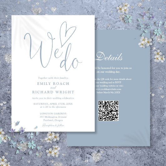 Invitation Nous aimons le code QR de mariage bleu poussiéreux