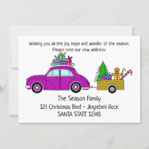 Invitation Nous avons Déménagé voiture violet cadeaux de Noël