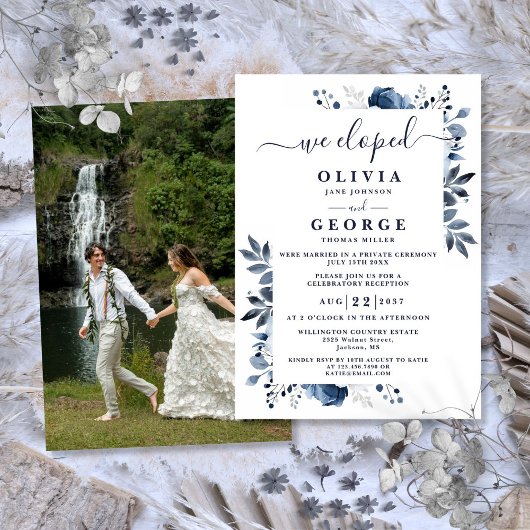 Invitation Nous Avons Elopé Bleu Botanique Floral Elopement P