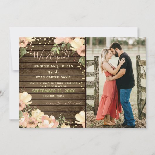 Invitation Nous Avons Elopé Blush Floral Rustic Wood Mariage (Devant)