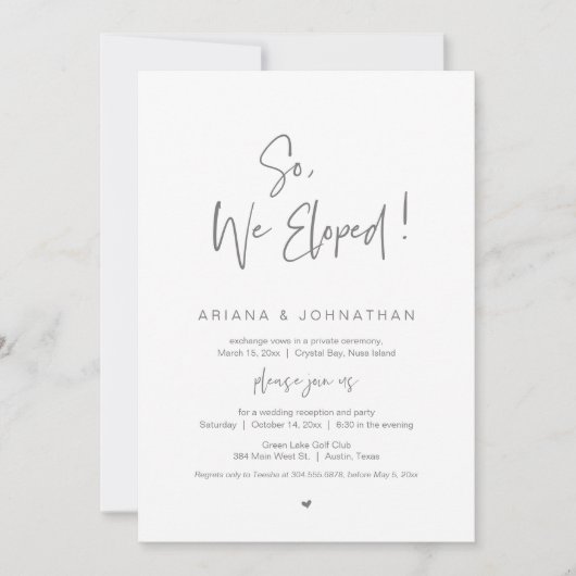 Invitation Nous avons Elopé, Elopement Mariage, en gris foncé (Devant)