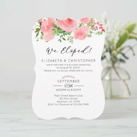 Invitation Nous Avons Elopé Mariage Floral Rose (Debout devant)