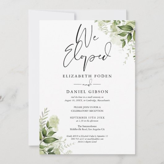 Invitation Nous Avons Elopé Mariage Vows Verdure Fête Florale (Devant)