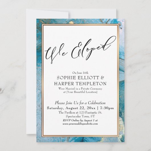 Invitation Nous Avons Elopé Réception Turquoise & Or Enk Seul (Devant)
