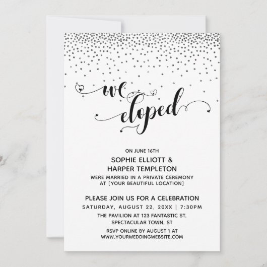 Invitation Nous Avons Elopé Script Argent Confetti Réception  (Devant)