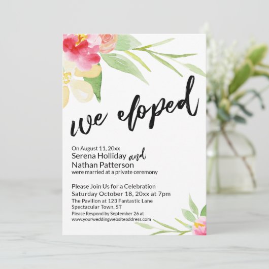 Invitation Nous avons Elopé Script Décontracté avec Fleurs Aq (Debout devant)