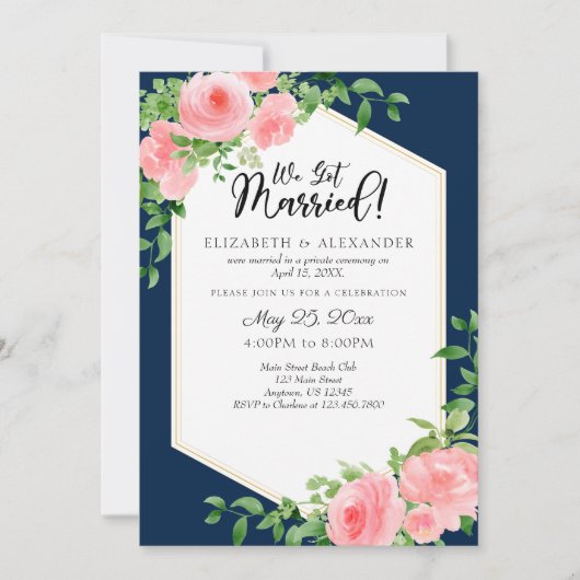 Invitation Nous avons épousé Marine bleu rose Mariage Floral (Devant)