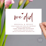 Invitation Nous Avons Fait Moderne Mariage Elopement Dîner De<br><div class="desc">Marquez le début de votre éternité avec élégance en utilisant notre carte d'invitation à la fête de la fête du mariage, "We did", vin bordeaux de classe contemporaine. Parfait pour les couples qui souhaitent profiter de leur joyeux événement, cette invitation exhale le raffinement avec un soupçon de jeu, préparant le...</div>