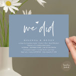 Invitation Nous Avons Fait Moderne Mariage Elopement Dîner De<br><div class="desc">Marquez le début de votre éternité avec élégance en utilisant notre carte d'invitation à la fête de fête de mariage, "We did", classe contemporaine bleu poussiéreux. Parfait pour les couples qui souhaitent profiter de leur joyeux événement, cette invitation exhale le raffinement avec un soupçon de jeu, préparant le terrain pour...</div>