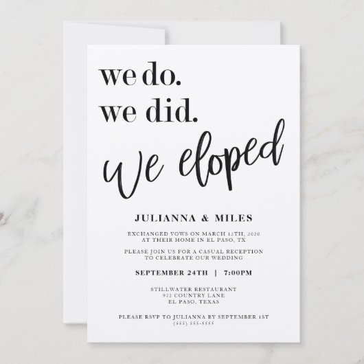 Invitation Nous Avons Fait Nous Avons Elopé Mariage Réception (Devant)