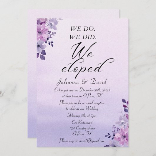Invitation Nous Avons Fait Nous Avons Elopé Mariage Réception (Devant / Derrière)