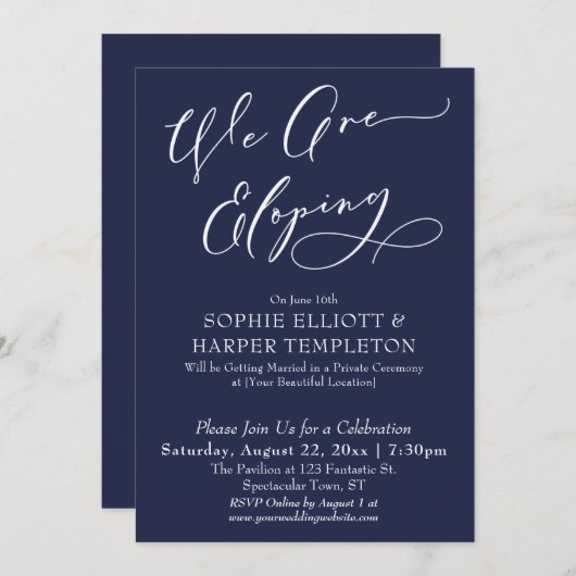 Invitation Nous Avons L'Eloping, Simple Célébration Bleue Mar (Devant / Derrière)