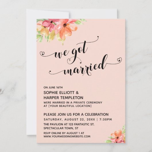 Invitation Nous Avons Marié Coeurs Script Blush Florals (Devant)