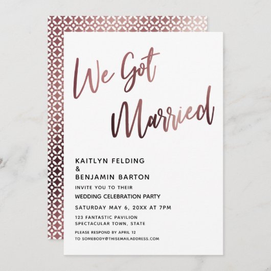 Invitation Nous Avons Marié Rose Gold Mariage Réception (Devant / Derrière)