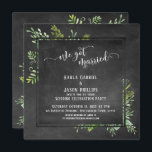 Invitation Nous Avons Marié Script Green Bouquet Chalkboard<br><div class="desc">Cette charmante réception de mariage ou invitation à la réception uniquement présente un arrière - plan en tableau noir ainsi qu'un badge bordé de carré en tableau noir entre lequel j'ai placé des bouquets désordonnés de verdure aquarelle. En utilisant une police de caractères élégante, tourbillonnante et moderne, j'ai rendu les...</div>