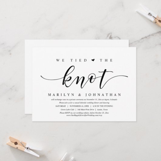 Invitation Nous avons noué le nœud, dîner de mariage en fuite (Devant/Arrière en situation)