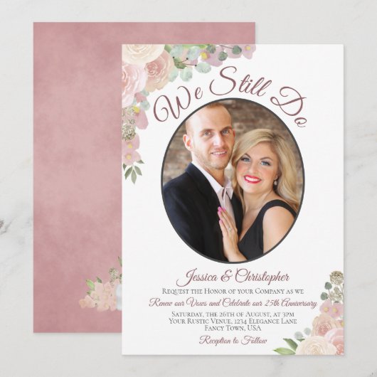 Invitation Nous Continuons À Faire Blush Rose Floral & Photo  (Devant / Derrière)