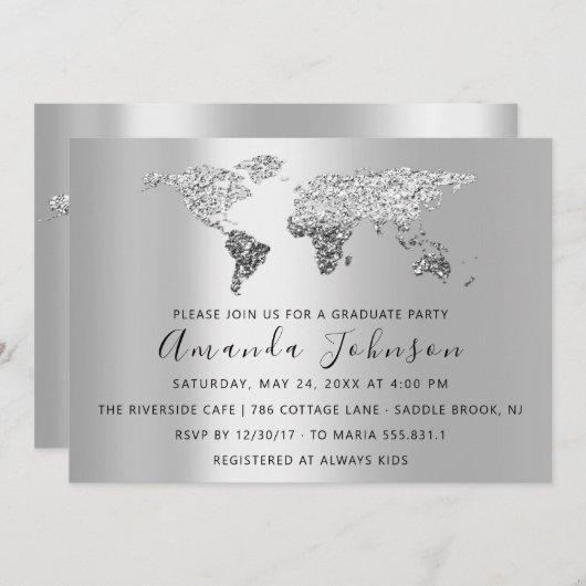 Invitation Nous Déplaçons Mariage Destination Map Gray Globe (Devant / Derrière)