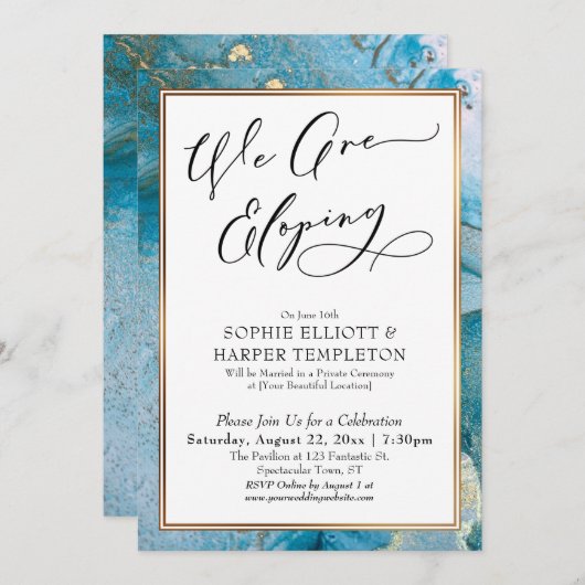 Invitation Nous Elopons Réception Turquoise & Gold Enk Seulem (Devant / Derrière)