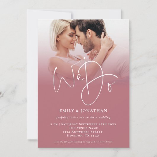 Invitation Nous faisons 2 Photos Script QR Rose Gold Mariage (Devant)