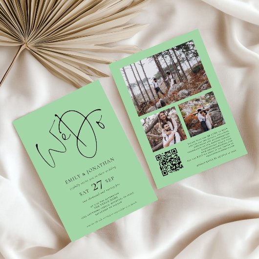 Invitation Nous faisons 3 photos QR Code Celadon Mariage vert