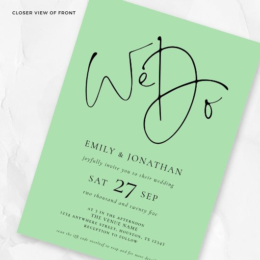 Invitation Nous faisons 3 photos QR Code Celadon Mariage vert