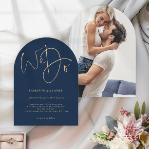 Invitation Nous faisons Gold Script Photo Marine Blue Mariage