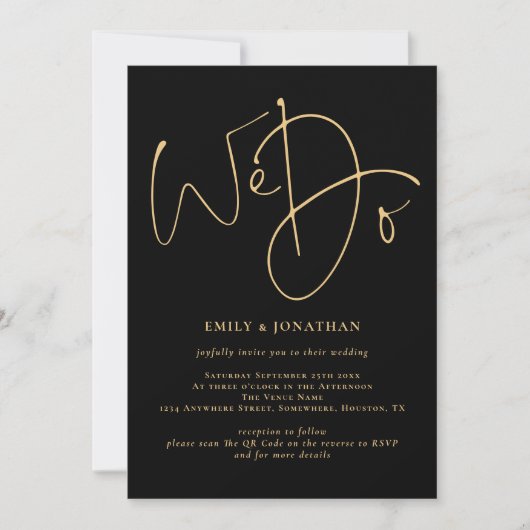 Invitation Nous faisons Gold Script QR Code Mariage noir (Devant)