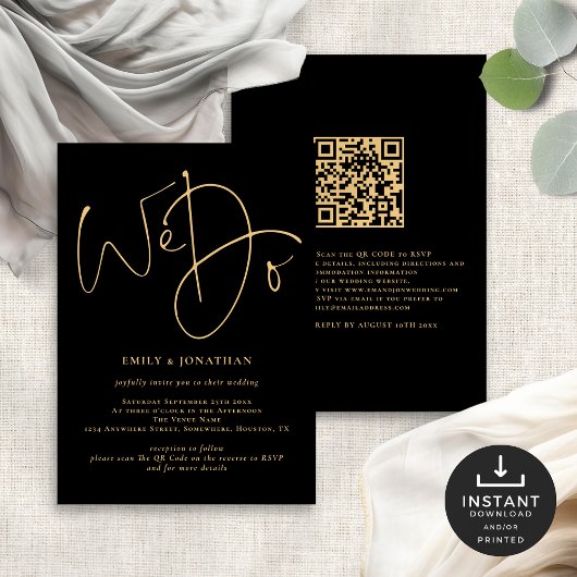 Invitation Nous faisons Gold Script QR Code Mariage noir