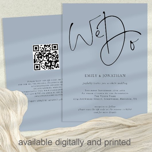 Invitation Nous faisons Script Dusty Blue QR Code Mariage