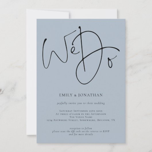 Invitation Nous faisons Script Dusty Blue QR Code Mariage (Devant)