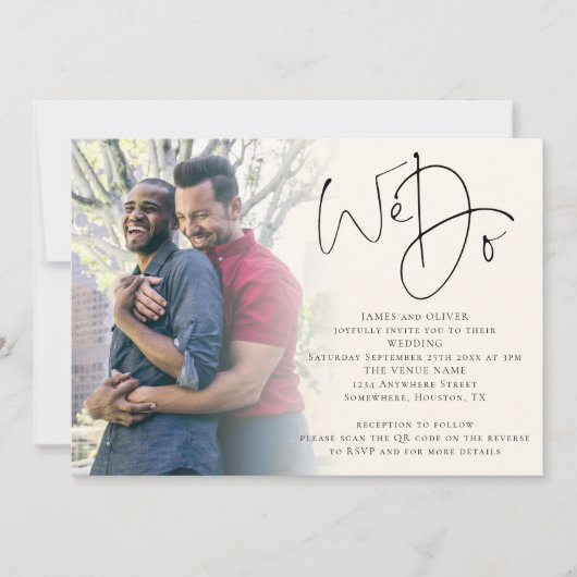 Invitation Nous faisons Script Photo QR Code Gay Cream Mariag (Devant)