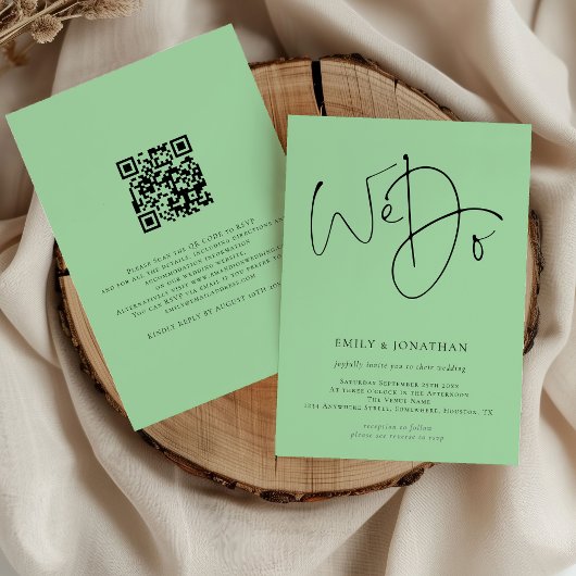 Invitation Nous faisons Script QR Code Celadon Mariage vert