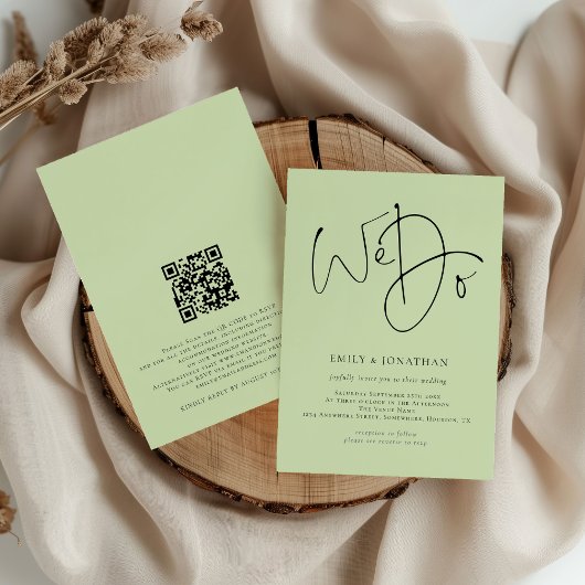 Invitation Nous faisons Script QR Code Lime Cream Mariage