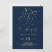 Invitation Nous faisons Script QR Code Mariage bleu marine (Devant)