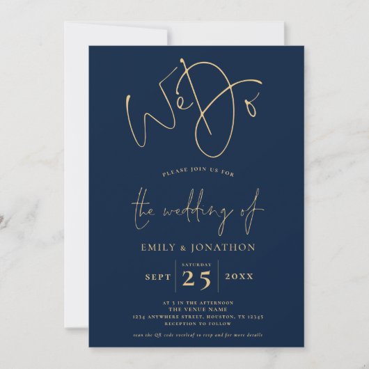 Invitation Nous faisons Script QR Code Mariage bleu marine (Devant)