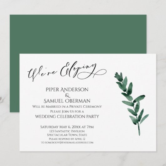 Invitation Nous Fuyons en Amoureux Feuilles Peintes en Vert R (Devant / Derrière)