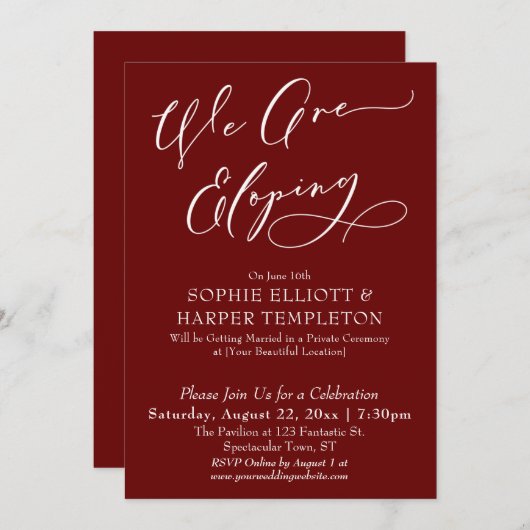 Invitation Nous Fuyons pour Nous Marier, Simple Célébration e (Devant / Derrière)