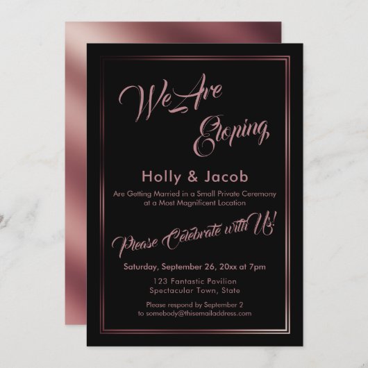 Invitation Nous Fuyons Rose Doré sur Réception Noir (Devant / Derrière)