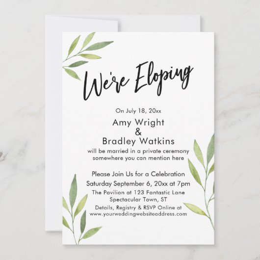 Invitation Nous Fuyons Typographie, Feuillage Aquarelle Verte (Devant)