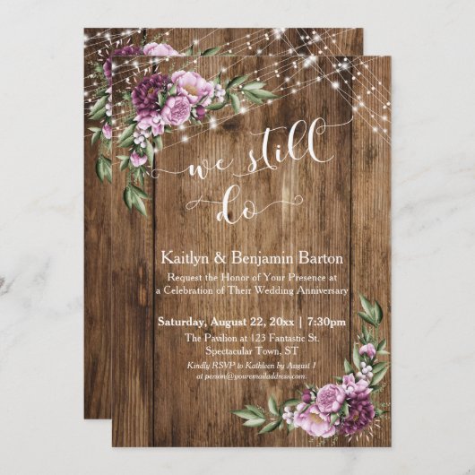 Invitation Nous le faisons toujours, Bois rustique Fleurs ros (Devant / Derrière)