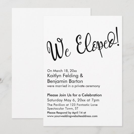 Invitation Nous nous sommes enfuis ! Célébration de mariage d (Devant / Derrière)