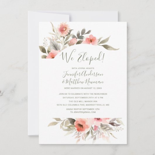 Invitation Nous nous sommes enfuis Mariage aquarelle Rose Fle (Devant)