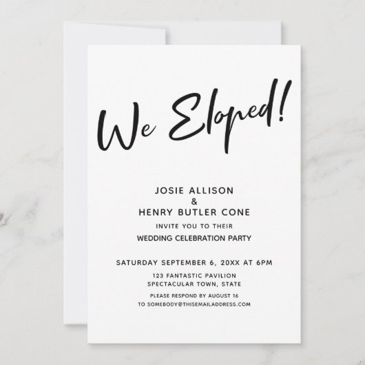 Invitation Nous nous sommes enfuis ! Réception de mariage mod (Devant)