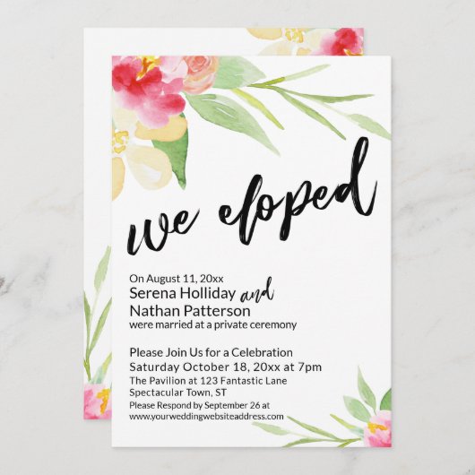 Invitation Nous nous sommes enfuis Script Casual avec Fleurs (Devant / Derrière)