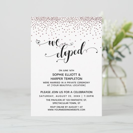Invitation Nous nous sommes enfuis Script Rose Gold Confetti (Debout devant)