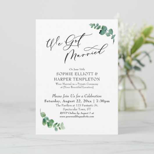 Invitation Nous Nous Sommes Mariés Réception Simple Eucalyptu (Debout devant)